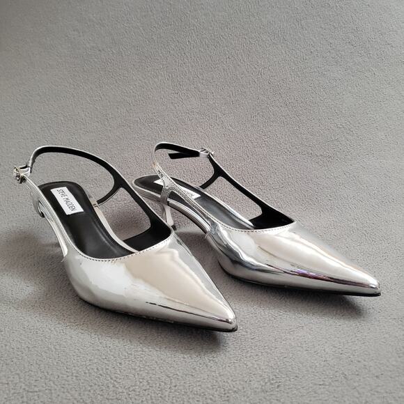 Steve Madden Legaci Slingback Kitten Heels Size 7.5 SMAD-WZ1268 Metallic‎ Silver - Picture 1 of 12